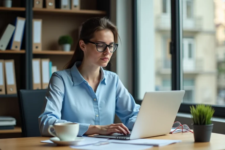 Femme administratrice connectée au portail PIA Grenoble sur un ordinateur portable dans un bureau scolaire moderne