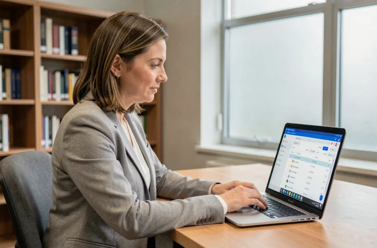 Femme enseignante accédant à son webmail académique Nantes sur un ordinateur portable dans un bureau universitaire