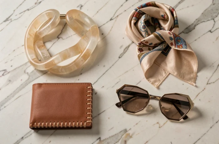 Plat posé d'accessoires de mode tendance et créations originales sur fond marbre pour boutique en ligne