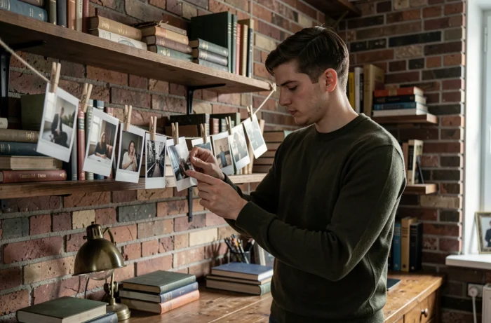 Jeune homme accrochant des photos polaroid sur une corde à linge intérieure pour les faire sécher dans un bureau vintage