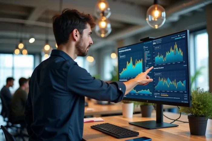 Homme analysant des tendances digitales et des statistiques web sur un grand écran dans un bureau moderne en open space