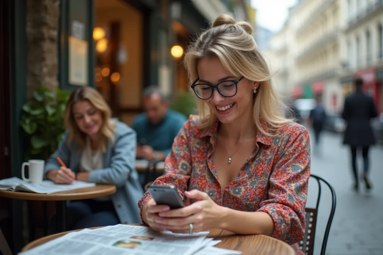 Jeune femme surprise par une actualité insolite sur son smartphone dans un café parisien animé