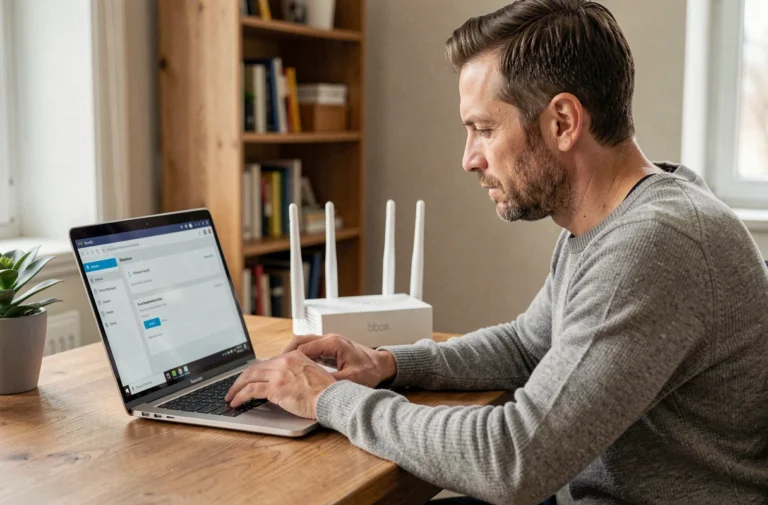 Homme administrant l'interface de gestion de sa Bbox Bouygues sur un ordinateur portable dans un bureau à domicile