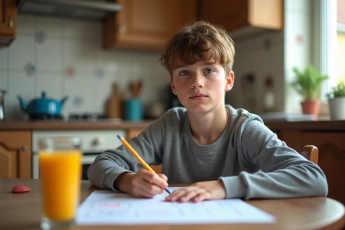 Adolescent français en 4e consultant son bulletin scolaire avec une moyenne de 13 sur 20 à la table de la cuisine
