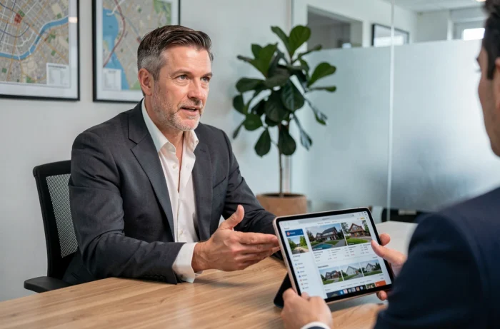 Agent immobilier masculin présentant des annonces sur tablette dans un bureau moderne