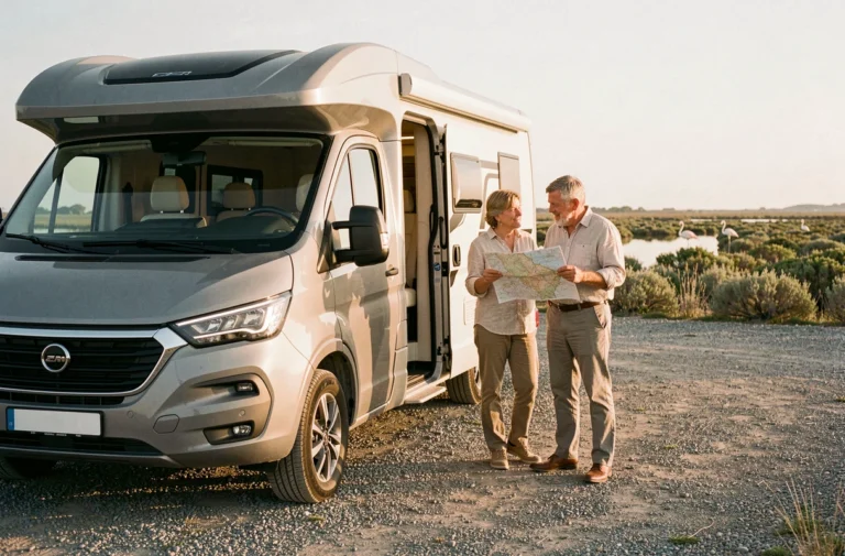 Couple de campeurs en camping-car sur l'aire de Saintes-Maries-de-la-Mer avec vue sur les marais de Camargue