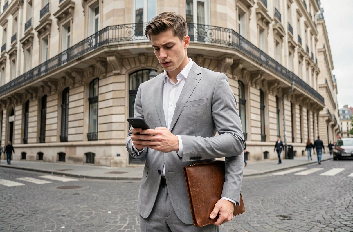 Jeune homme en alternance BTS GPME devant un immeuble haussmannien parisien tenant un portfolio professionnel