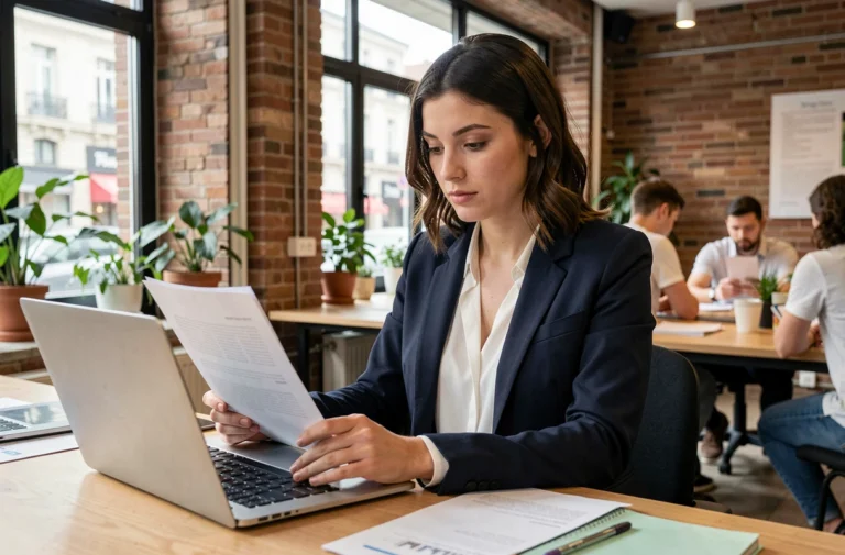 Jeune alternante en BTS GPME travaillant dans un espace de coworking parisien avec documents et ordinateur portable