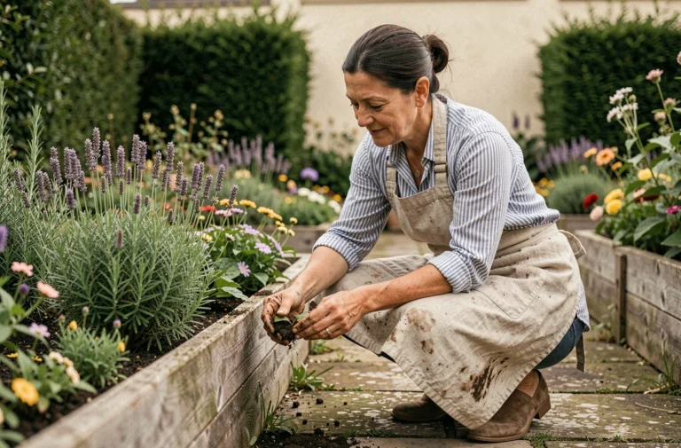 Femme aménageant un parterre de fleurs dans un jardin harmonieux avec chemin en pierre et haies verdoyantes