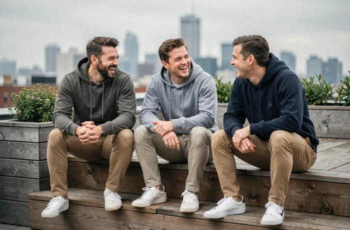 Trois amis en plein air sur une terrasse urbaine, riant et partageant des sujets de conversation authentiques