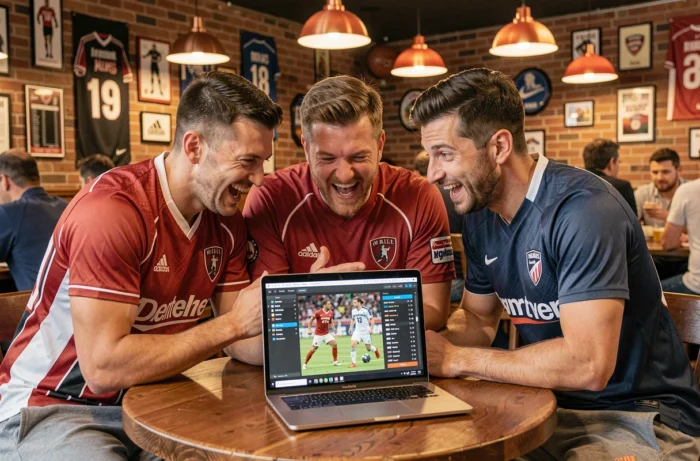 Groupe d'amis réagissant avec enthousiasme aux résultats sportifs en direct sur un ordinateur portable dans un bar sportif animé