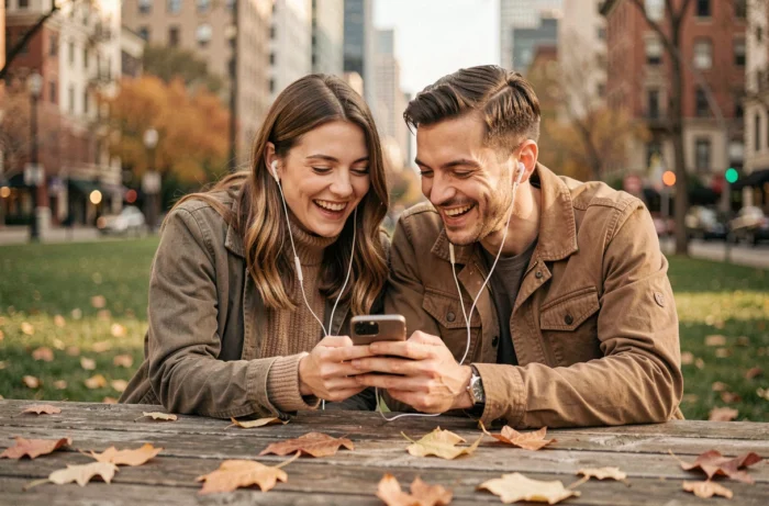 Deux amis partageant des écouteurs pour écouter Spotify gratuitement en plein air dans un parc urbain