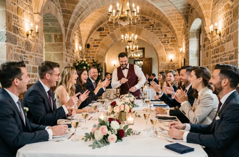Animateur de mariage réalisant des tours de magie devant des invités hilares dans une salle de réception en pierre à Lyon