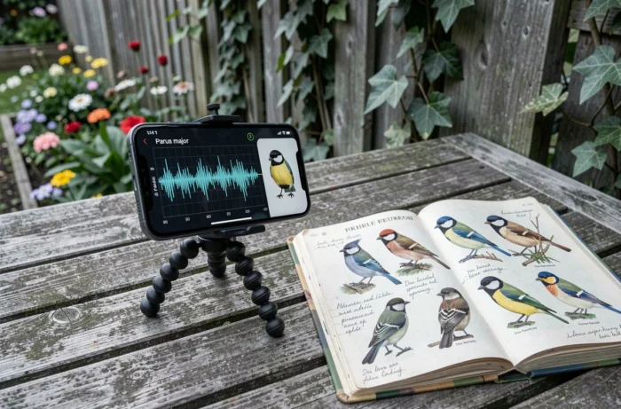 Application de reconnaissance de chant d'oiseau sur smartphone à côté d'un guide ornithologique ouvert sur une table de jardin