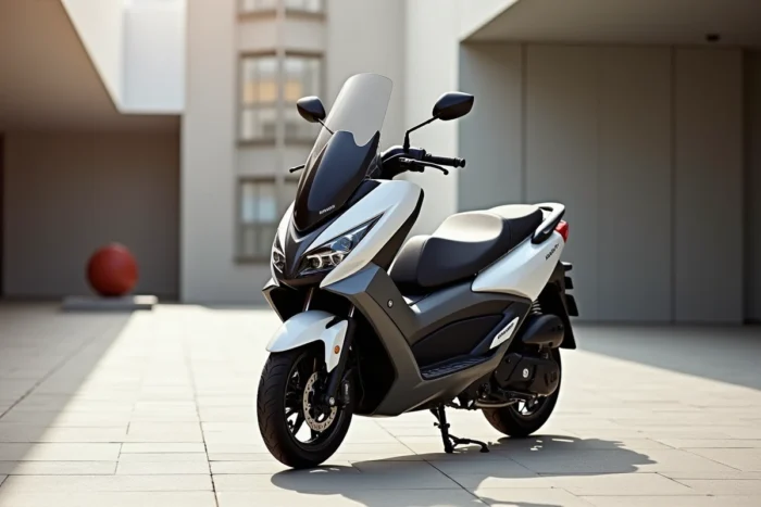 Aprilia SR GT 400 sur une place urbaine contemporaine avec installation artistique en arrière-plan