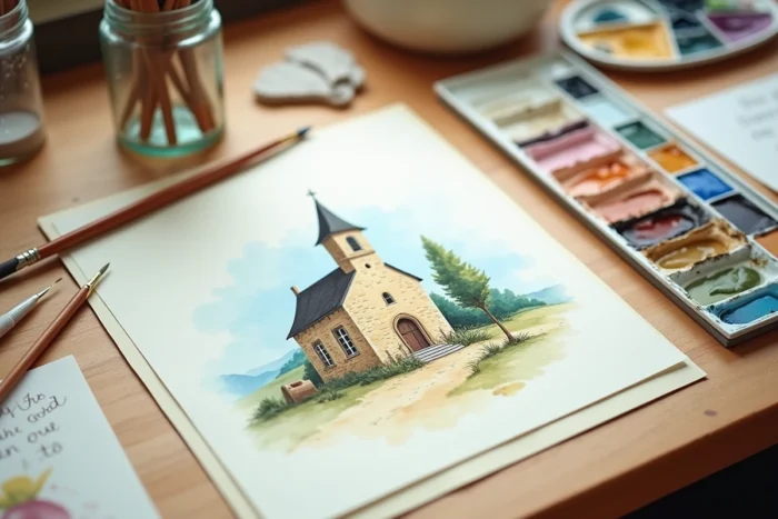 Aquarelle d'une chapelle de mariage en pierre posée sur un bureau d'artiste avec des pinceaux et une palette de couleurs