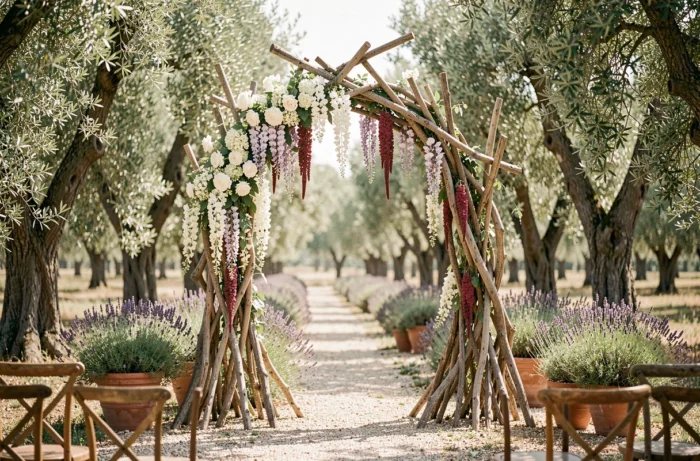 Arche de cérémonie de mariage en bois brut ornée de wisteria et d'amarante dans un oliveraie provençale