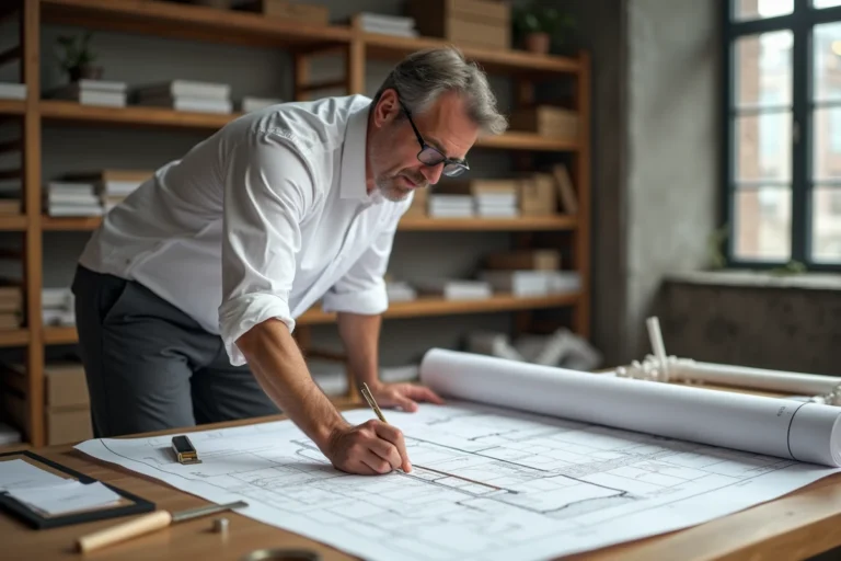 Architecte calculant la surface d'une parcelle de 6 ares sur des plans cadastraux dans un studio professionnel