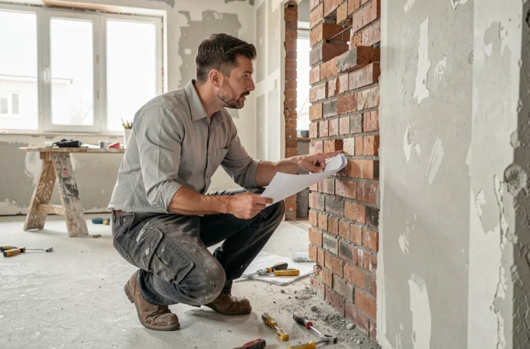 Architecte examinant des murs exposés dans un chantier de rénovation intérieure avec des plans techniques