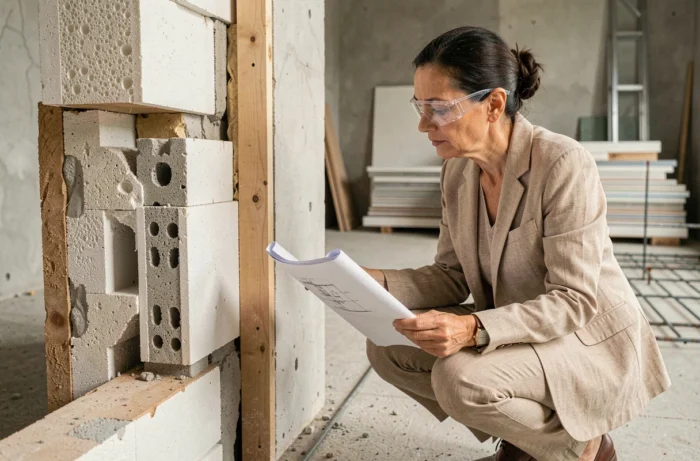 Architecte examinant la coupe transversale d'un mur en polystyrène structurel pour évaluer ses propriétés isolantes par rapport au parpaing