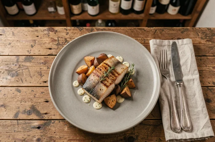 Assiette de silure poêlé avec légumes rôtis et sauce au beurre d'herbes sur table en bois rustique