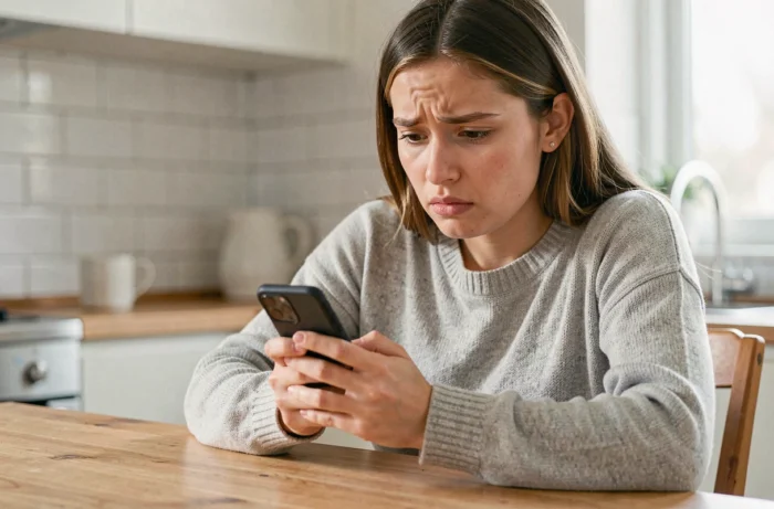 Jeune femme anxieuse attendant le résultat de son permis de conduire sur son smartphone à la maison
