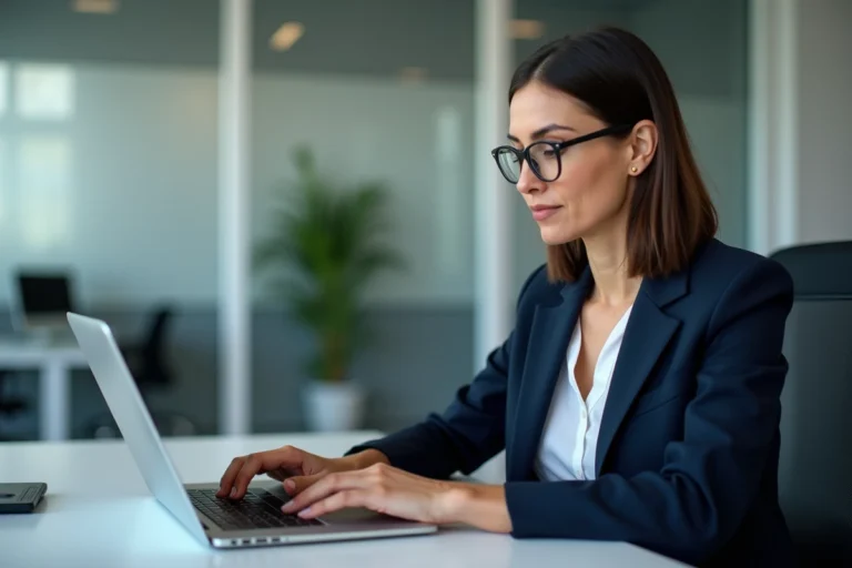 Femme professionnelle se connectant à un portail sécurisé sur un ordinateur portable dans un bureau administratif à Grenoble