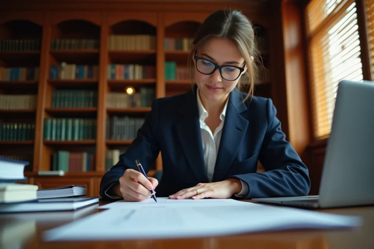 Avocate spécialisée en droit de la famille examinant des documents juridiques dans son cabinet pour prouver un manquement parental