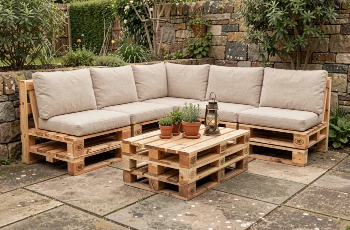 Banquette d'angle modulable en palettes bois brut avec coussins lin naturel sur terrasse béton