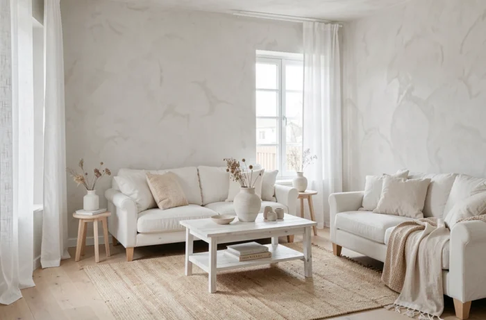 Intérieur minimaliste décoré autour du fil conducteur Cloud Dancer de Pantone en blanc cassé doux sur textiles, murs et mobilier
