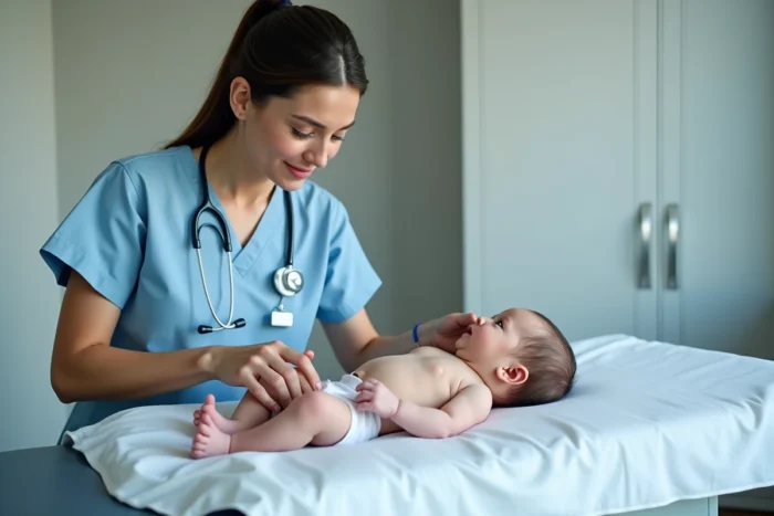 Infirmière pédiatrique effectuant un bilan de développement sur un bébé de 3 semaines dans une clinique médicale moderne