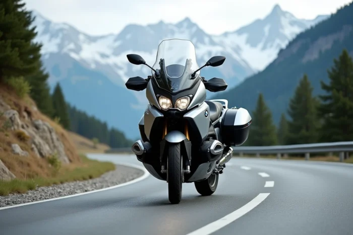 BMW C 400 GT sur une route alpine avec vallée et forêt de pins en arrière-plan