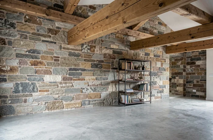 Mur en pierre apparente brute et poutre en bois massif brut comme éléments de structure dans un loft ou maison de campagne rénovée