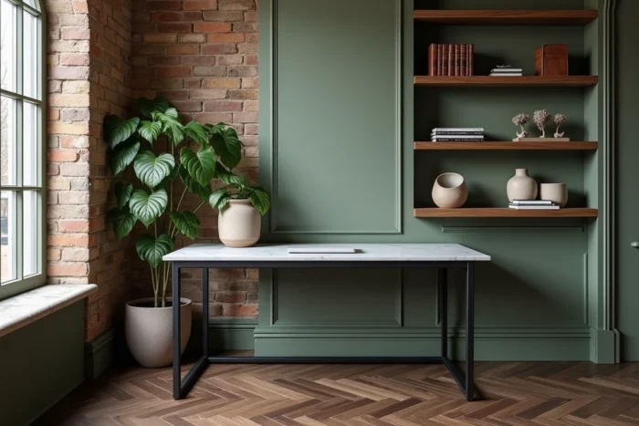 Coin bureau à domicile avec étagères en noyer, bureau en marbre et décoration intérieure personnalisée sur fond de briques peintes en vert sauge