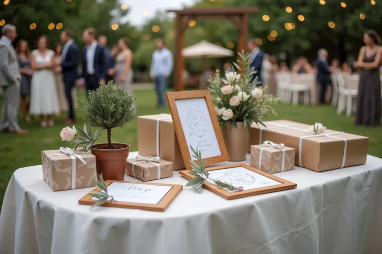 Table de cadeaux de mariage symboliques dans un jardin élégant avec une décoration champêtre et des présents originaux