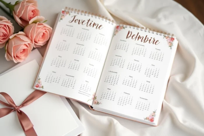 Calendrier personnalisé de l'après-mariage avec des attentions mensuelles pour le couple ouvert sur une table en lin blanc