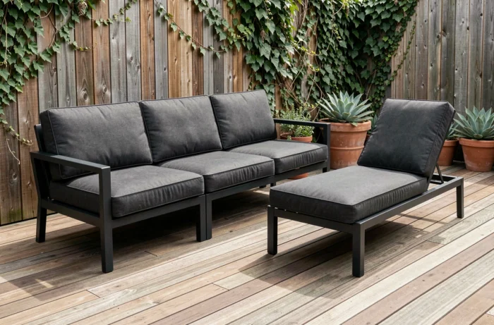 Canapé de jardin trois places avec méridienne en aluminium anthracite sur terrasse en bois