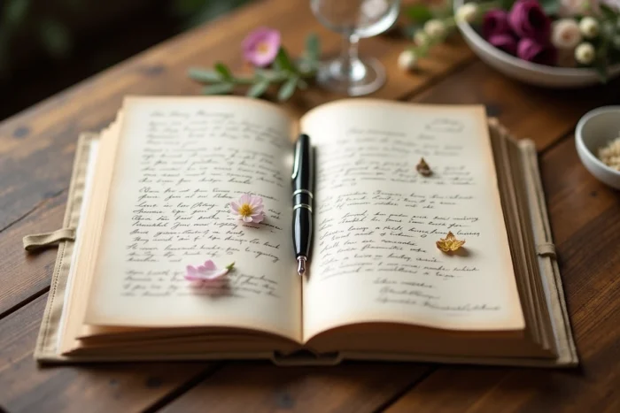 Carnet de vœux artisanal ouvert rempli de messages manuscrits et de petits dessins laissés par les invités du mariage