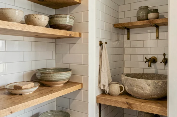 Céramiques artisanales faites main exposées en cuisine et salle de bain avec vaisselle en grès, porte-savon et bol sur étagères en bois