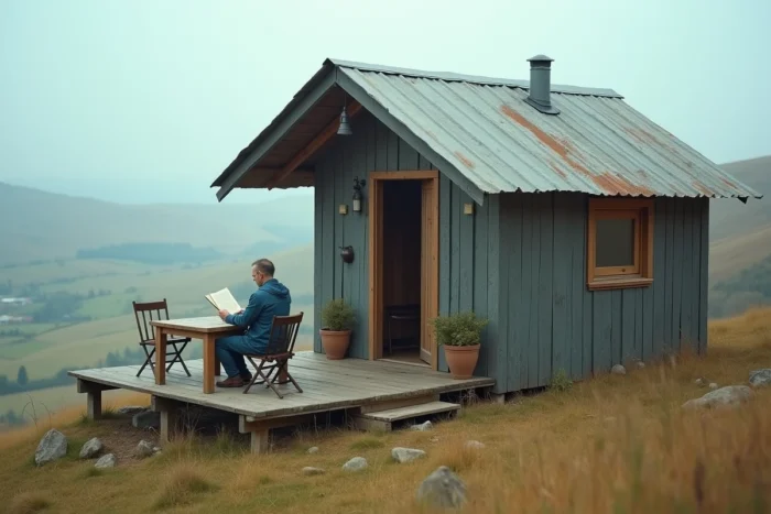 Homme lisant sur la terrasse d'un chalet autonome en bois recyclé avec vue panoramique sur une vallée rurale