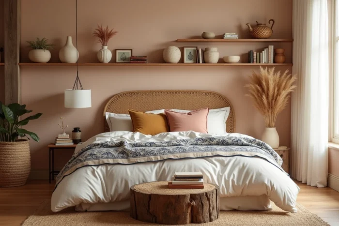 Chambre à coucher avec décoration intérieure éclectique, tête de lit en rotin, linge de lit en coton et table de chevet en bois recyclé avec herbes de la pampa