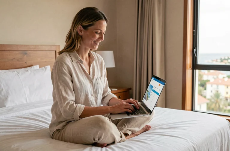Femme en train de choisir un hébergement de vacances sur son ordinateur portable dans une chambre d'hôtel lumineuse