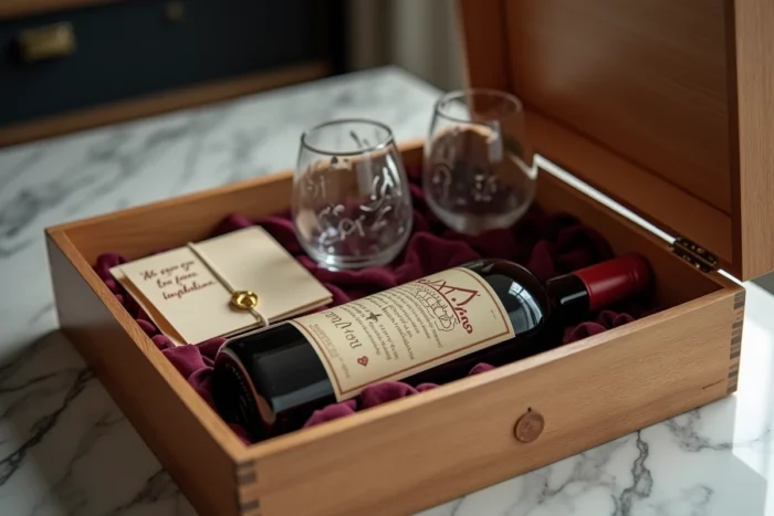 Coffret cadeau élégant contenant une bouteille de vin millésimée à ouvrir pour les noces de cuir du couple