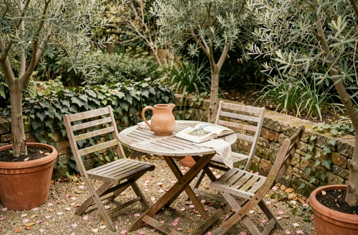 Coin salon extérieur dans un jardin accueillant avec table en teck, chaises bistro et olivier en pot
