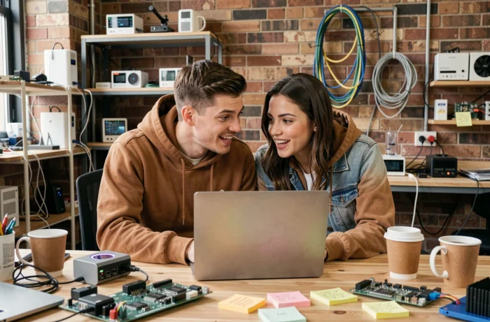 Deux jeunes professionnels collaborant sur des innovations technologiques dans un atelier de startup