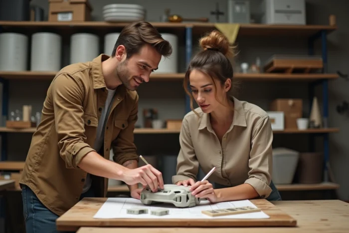 Deux collègues collaborent sur un prototype dans un laboratoire d'innovation artisanal, illustrant la complémentarité entre pensée novatrice et démarche innovante.