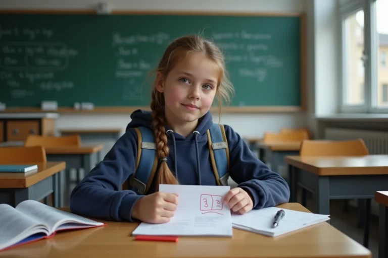 Collégienne française en 4e examinant une copie notée 13/20 posée sur son bureau en bois dans une salle de classe