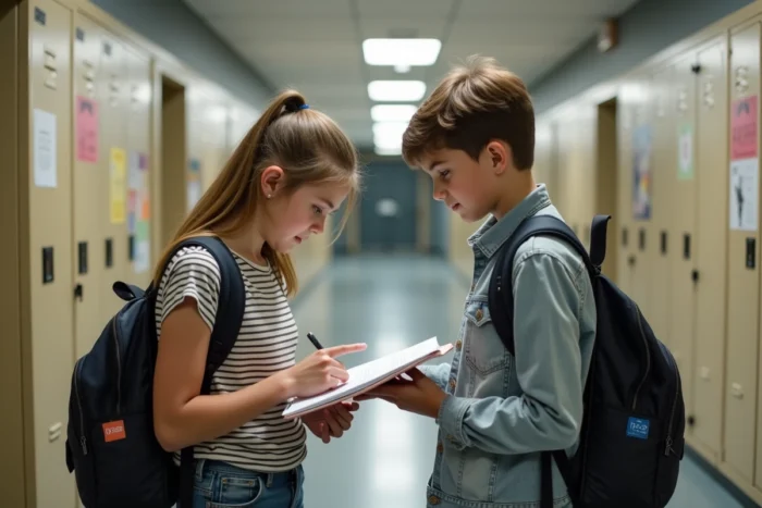 Deux collégiens français en 4e comparant leurs notes dans le couloir de leur établissement scolaire