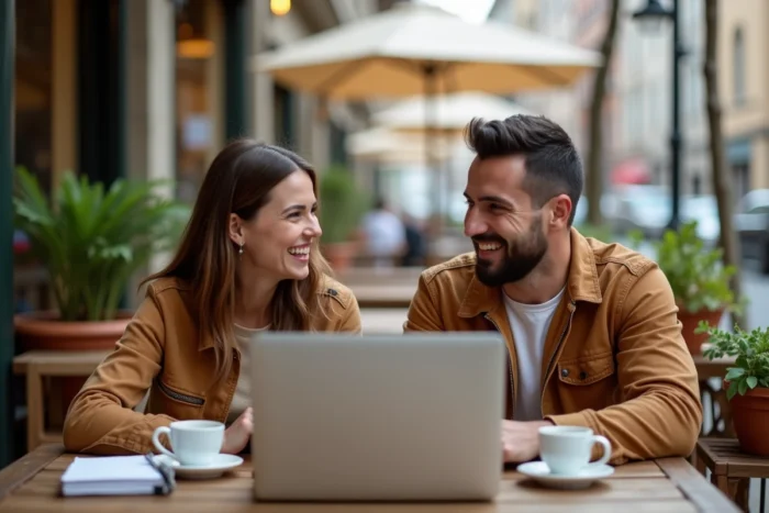 Deux collègues riant ensemble en travaillant en extérieur dans un café, illustrant le bien-être et la convivialité au travail