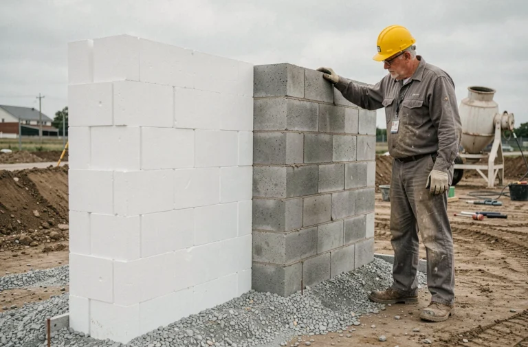 Comparaison côte à côte d'une construction en blocs de polystyrène expansé et en parpaings de béton sur un chantier de maison individuelle